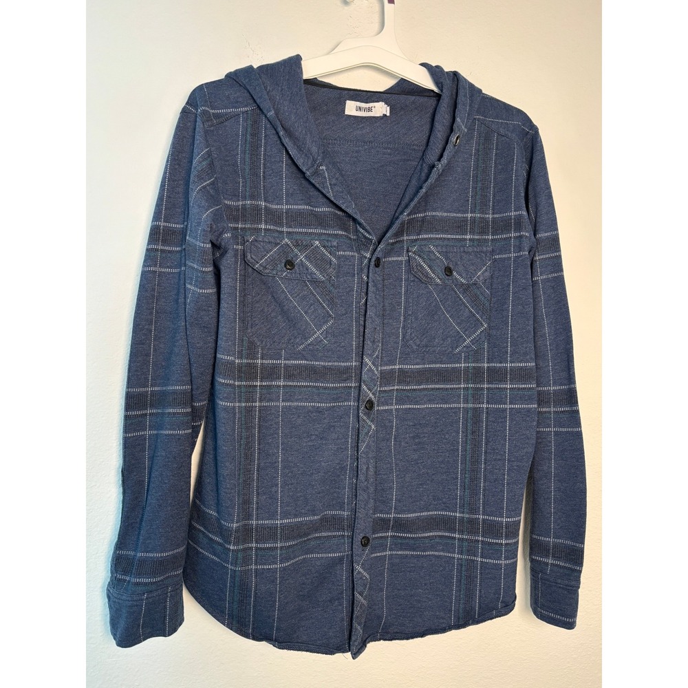 Univibe Mens Blue Plaid Hooded Button Down Shirt‎ Long Sleeve Size M Hoodie